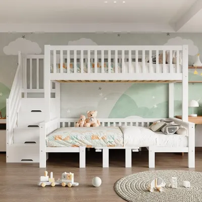 Immagine prodotto di Letto a castello 90x200 cm e 120x200 cm, realizzato in pino, MDF e compensato, con scala contenitore e scrivania regolabile in altezza, colore bianco, ideale per la cameretta dei bambini