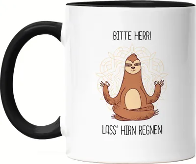 Produktbild von Lass Hirn Regnen Tasse Schwarz Lustig Spruch Ironie Faultier Geschenk-Idee Bürokollegen Chillen