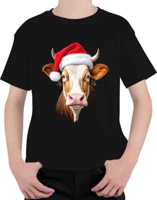 Produktbild von Weihnachtskuh Nikolausmütze Bauernhof Geschenk niedlich lustig Uni Kinder T-Shirt, Schwarz, 140