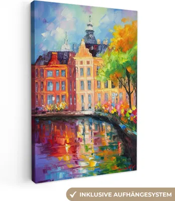 Produktbild von MuchoWow® - Leinwandbilder - Ölgemälde - Amsterdam - Kunst - Farbenfroh, Wandbild, Wanddeko Bilder Wohnzimmer, 80x120 cm
