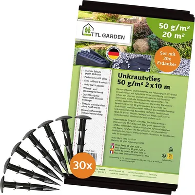 Produktbild von TTL GARDEN Unkrautvlies 20m² 2x10m + 30 Erdanker 50g/m² schwarz