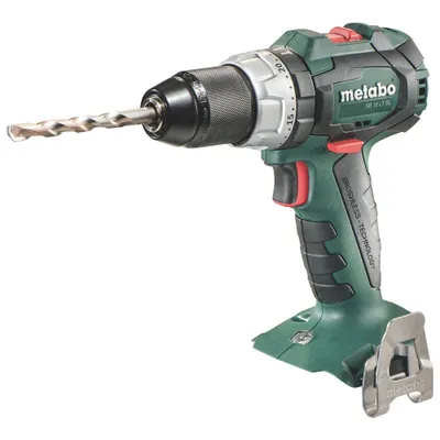A cordless drill with a drill bit attached, shown against a white background.