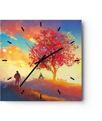 Produktbild von Wanduhr - Quadrat - Glasuhr - Baum Wiese Feld - 30x30cm - Schleichendes Uhrwerk - Lautlos - zum Aufhängen bereit - Dekoration Modern - Wanddekoration aus Glas - C3AC30x30-3715