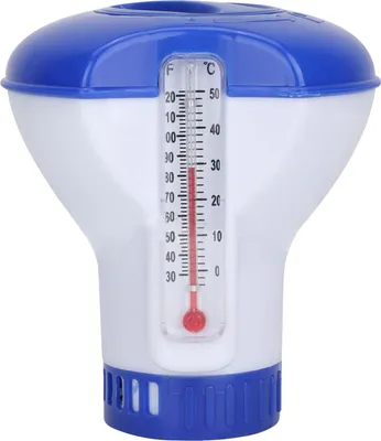 A floating pool chemical dispenser with a built-in thermometer.