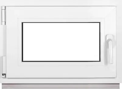 A white window frame with a clear glass pane, set against a white background.
