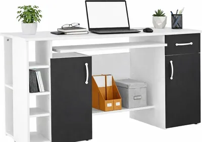 Produktbild von Schreibtisch Bürotisch weiss-schwarz Computertisch Druckerfach #1150