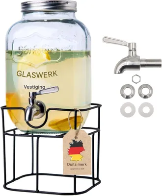 Obrázek produktu pro Skleněný dávkovač nápojů 5 l, kovový rám, kohoutek z ABS plastu