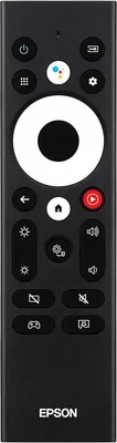 A black remote control with various buttons and icons.