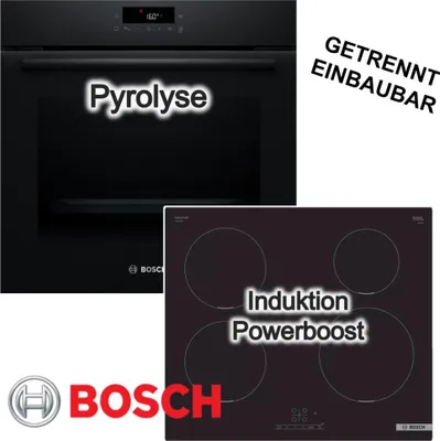 Produktbild von Herdset BOSCH Backofen Pyrolyse schwarz 3D Heißluft 71L + Induktionskochfeld PowerBoost