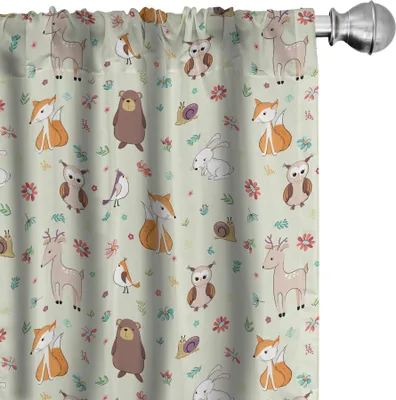 Immagine prodotto di ABAKUHAUS Tende per animali, tende, motivo infantile ispirato alla foresta con animali selvatici: cervo, volpe, orso, coniglio e gufo, 2 pezzi 75 x 225 cm, multicolore
