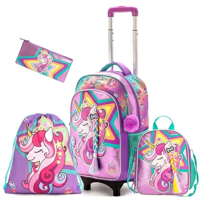 Immagine prodotto di Zaino da viaggio multifunzione per bambine, 5-in-1, con ruote e contenitore per il pranzo, borsa per laptop da 17 pollici, colore viola