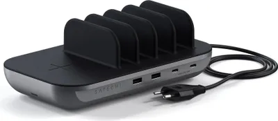 A Satechi charging station with multiple slots and ports, shown on a white background.
