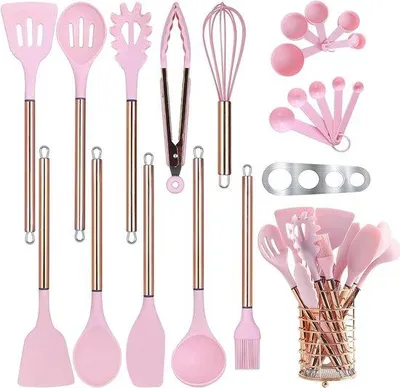 Image de Set d'ustensiles de cuisine, silicone, 22 pièces, acier inoxydable, rose doré