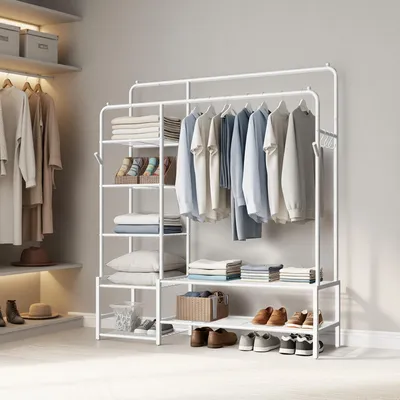 A white metal garment rack with shelves, displaying clothes and accessories in a room setting.