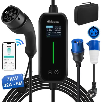 Image de Câble de recharge portable Hexinex 32A 7KW pour voitures électriques (type 2) – 6 mètres IP65 avec protection contre la foudre et les surcharges, etc.