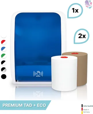Produktbild von SET: Handtuchrollenspender SENSOR, berührungslos, Blanc Cosmos versch.Farben+ 1Rolle PREMIUM TAD +1Rolle ECO Natural -PRODUKTSET : Farbe - Blau / Weiß Farbe: Blau / Weiß