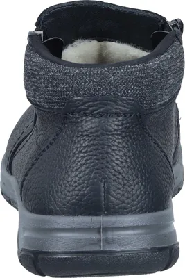 The back view of a black leather boot with a gray sole.