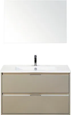 Produktbild von Sanox Badmöbel-Set Porto BxHxT 91 x 170 x 51 cm Frontfarbe kieselgrau mit Waschtisch Keramik weiß, Spiegel und Waschtisc