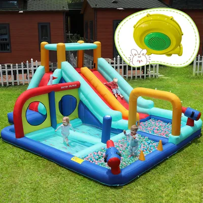 Zdjęcie produktu dla Sweiko z dmuchawą] Zamek dmuchany dla dzieci, wielofunkcyjny zewnętrzny park wodny z dmuchawą, zamek wodny, podwójna zjeżdżalnia wodna / ścianka wspinaczkowa / pistolet wodny / fontanna / stanowisko bokserskie