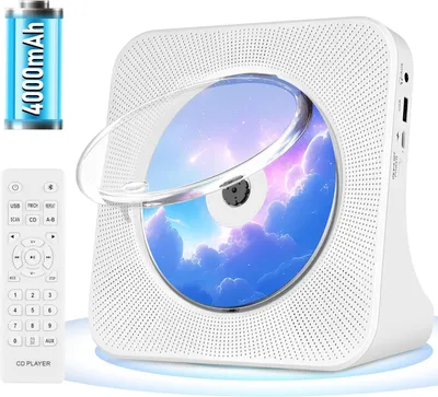 Produktbild von Tragbarer, wiederaufladbarer CD-Player, Bluetooth HiFi, USB/AUX/FM, guter Klang, kabellos, Fernbedienung, weiß.