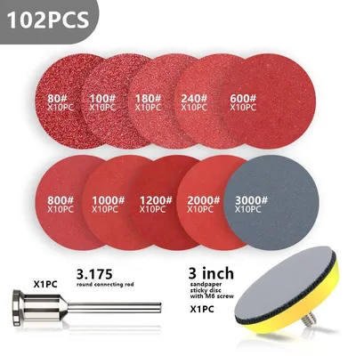 Obrázek produktu pro Brusný papír, kulatý, 100 kusů. Brusné kotouče na suchý zip, po 10 kusech pro každou hrubost: 80/100/180/240/600/800/1000/1200/2000/3000. Brusný papír pro excentrické brusky