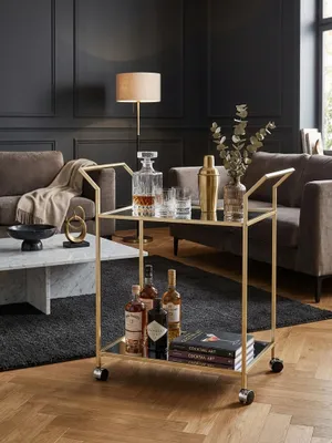 Produktbild von Design Servierwagen Gold 73x78x37 cm Küchenwagen Glas / Metall, Mobiler Beistelltisch, Speisewagen mit Glasplatte, Teewagen Mini Bar auf 4 Rollen