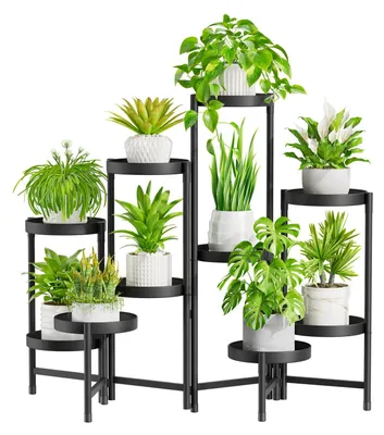Produktbild von Metallener Pflanzenständer mit 10 Ebenen, Blumenständer, Pflanzenregal, Blumenständer für drinnen und draußen, Pflanzenständer für drinnen, im Garten, auf dem Balkon oder im Wohnzimmer (rund, schwarz)