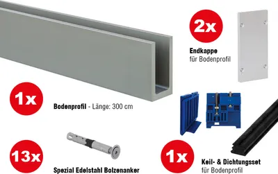 Produktbild von Ganzglasgeländer Komplettset - Ausführung: für aufgesetzte Montage, für Glasstärke: 16,76-17,52 mm, Länge: 3 m