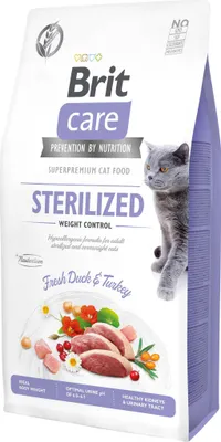 A bag of Brit Care cat food with a picture of duck and turkey on it.