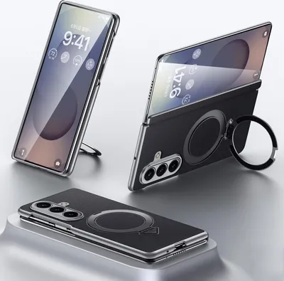 Three views of a black phone case with a ring holder, displayed on a light gray surface.