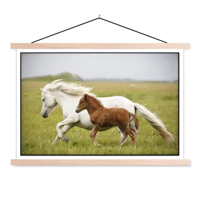 Produktbild von MuchoWow® Textilposter Pferde - Tiere - Gras 120x80 cm mit holzfarbenen Rahmen - Aufhängeset