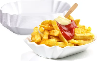 Produktbild von BigDean 12er Set Pommesschale aus Porzellan 19,5 cm - Weiß - Currywurstschale Pommes Frites Currywurst Snack Schale