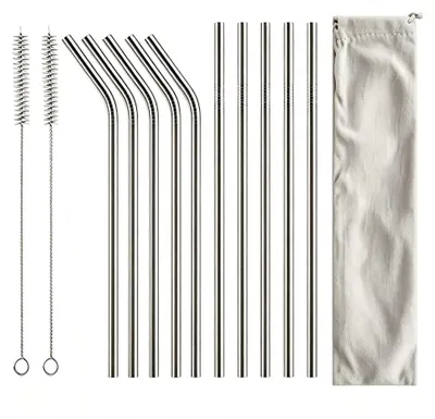 Edelstahl-Trinkhalme 10er Set mit Tasche & Bürsten