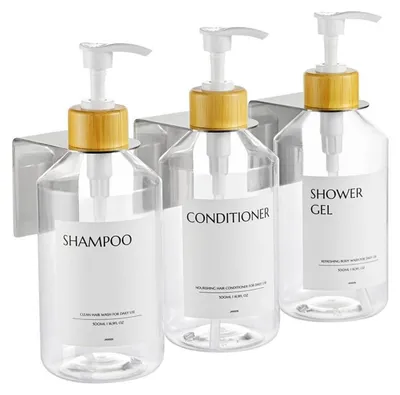 Immagine prodotto di Set di dispenser per sapone da parete, 3 pezzi, capacità 500 ml, ricaricabili, montaggio senza trapano, trasparenti e bianchi
