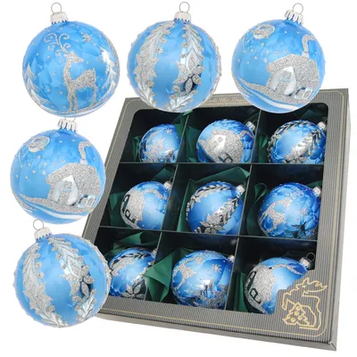 Produktbild von Krebs Glas Lauscha 9er Set Weihnachtskugeln - Glaskugelsortiment in Eislack Blau - Größe: 8cm - mundgeblasen & handdekoriert