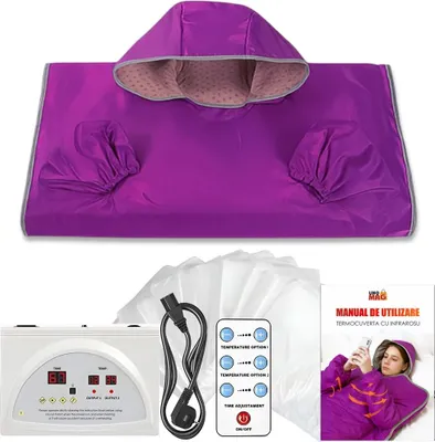 Obrázok produktu pre Tepelná deka do sauny s rukávmi, kapucňou a dvoma infračervenými zónami, LINOMAG®, 10 kusov, spaľovanie tukov, relaxácia, detoxikácia, 35-80 °C, fialová, 180 x 80 cm