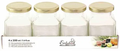 Produktbild von Quadratglas 4x200ml + Schraubdeckel Glas Einmachglas Einweckglas Marmeladenglas