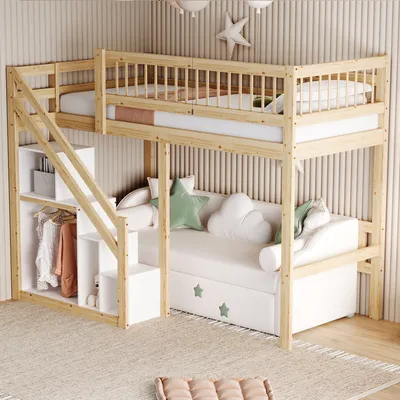 Produktbild von STILVORA Hochbett 90x200cm Jugendbett Einzelbett mit Rausfallschutz,Massivholzbett mit Stauraum Treppe&Lattenrost,Naturbelassen(Ohne Matratze)