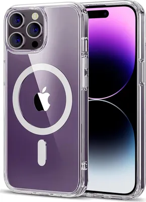 A clear protective case for an iPhone 14 Pro Max with MagSafe compatibility is shown.