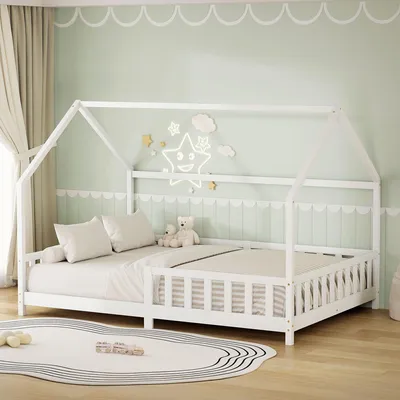 Produktbild von ML-Design Kinderbett 140x200cm mit Rausfallschutz, Dach & Lattenrost Weiß Montessori Bodenbett aus massivem Kiefernholz Hausbett für Mädchen & Jungen