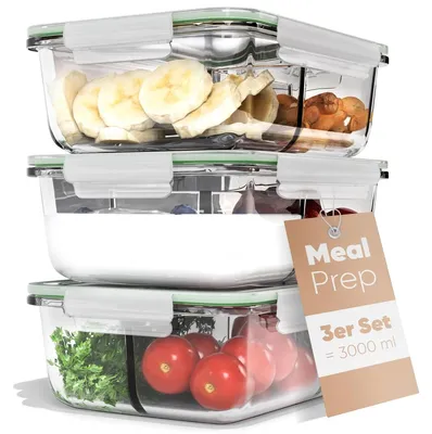 3er-Set Glas-Meal-Prep-Boxen mit 3 Fächern, 1000 ml