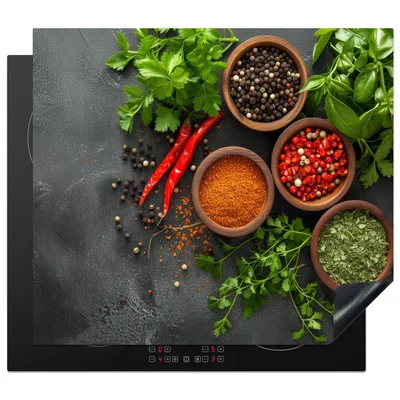 Obrázek produktu pro KitchenYeah® Krycí deska na sporák bylinky - paprika - betonový vzhled, 59x51cm, dekorace do kuchyně, keramická krycí deska, krycí deska na varnou desku
