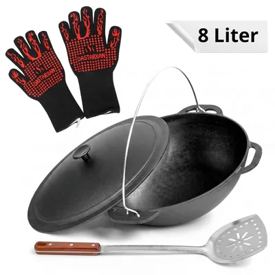 Produktbild von Kazan 8 L mit Gusseisendeckel Edelstahl Pfannenwender Grillhandschuhe Schwenktopf Asia Wok Kasan Kessel