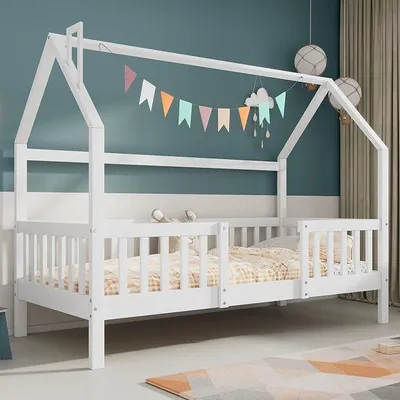 Produktbild von Kinderbett Hausbett mit Schornsteindekor, Holzbett mit Rausfallschutz und Lattenrost für Kinder (ohne Matratze) (90 x 200 cm)