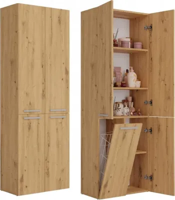 A tall, narrow cabinet with four doors, shown from the front and from the side with doors open.