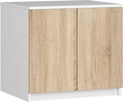 A white and wood cabinet with two doors against a white background.