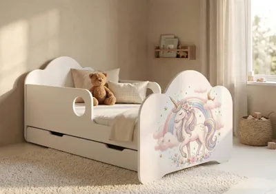 Obrázok produktu pre Detská postieľka Happy Babies s bočnicou proti vypadnutiu pre chlapcov, 160 x 80 cm, do detskej izby, so zásuvkou, matrac, jednolôžková detská postieľka, biela, jednorožec