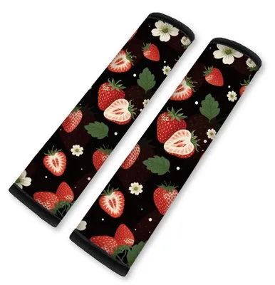 Image de Coussinets de ceinture de sécurité, lot de 2, motif fraise, en néoprène, avec fermeture velcro, compatibles avec tous les véhicules