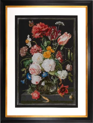 Produktbild von Thea Gouverneur Kreuzstich-Stickset „Stillleben mit Blumen in einer Glasvase, Jan Davidsz. De Heem Aida Black“, 72 x 49 cm