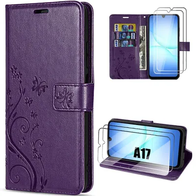 Image de Coque + 2 Verres Trempés pour Samsung Galaxy A17 5G/4G, Protection CuirPolyuréthaneMotif Fleur Papillon Violet Nuit